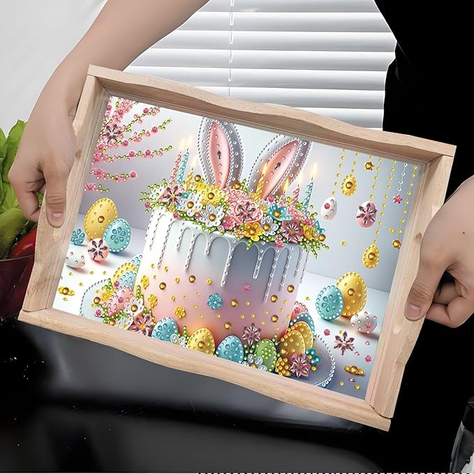 DIY Diamond Art Wooden Tray Kit, Food Tray with Handle Diamond Painted Table Decoration Tray, for Breakfast, Bar Dinner Table Diamond Dots Gem Painting Art Set for Beginners-#42-Easter Cake