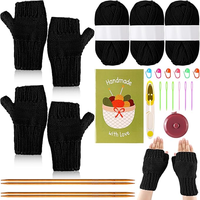 GliCraft Knitting Kit for Beginners Learn to Knit Kit for Adults Gloves Starter Bundle with Step-by-Step Instructions Includes Wool Yarn, Needles & Accessories(Black)