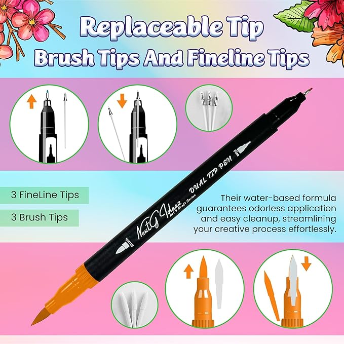 NextG Ideaz Dual Tip Brush Art Marker Pens, 80 Unique Bright Color, Water-Based Ink, Fineliner & Brush Tip Pens for Arts Lovers Coloring Drawing Book, Calligraphy Writing, Sketching and Doodling