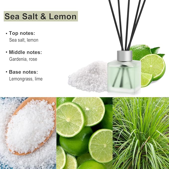 Aeeteek Reed Diffuser, Sea Salt & Lemon Scented Oils, Air Freshener Essential Oil Set with Diffuser Sticks, 3.4 oz Long Lasting Home Fragrance for Bedroom Office Shelf Bathroom Decor (2-Pack)