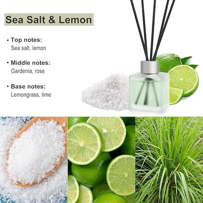 Aeeteek Reed Diffuser, Sea Salt & Lemon Scented Oils, Air Freshener Essential Oil Set with Diffuser Sticks, 3.4 oz Long Lasting Home Fragrance for Bedroom Office Shelf Bathroom Decor (2-Pack)