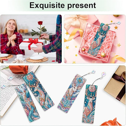 4 Pack DIY Diamond Painting Bookmarks, Special Shaped Deer Design Handmade Crystal Rhinestone Bookmark Kits with Tassel, Sparkling Art Bookmark for Reading Enthusiasts
