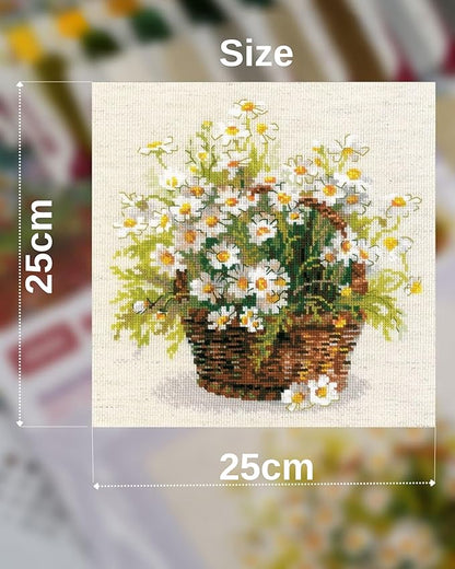 RIOLIS - Russian Daisies 1478, Cross Stitch Kits 9.75"x9.75", Cross Stitch Kits for Adults, Counted Cross Stitch Kits, Embroidery Kit for Beginners & Advanced, Floral Crossstitching Kits