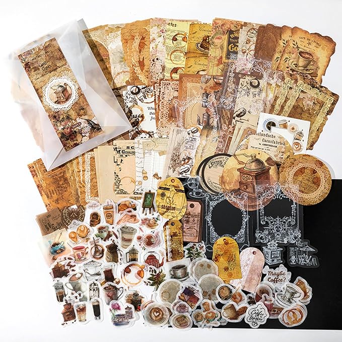 200PCS Vintage Scrapbooking Supplies Pack for Junk Journal Planners Decoupage Paper Scrapbook Stickers Aesthetic Cottagecore Collage Craft Album (Coffee)