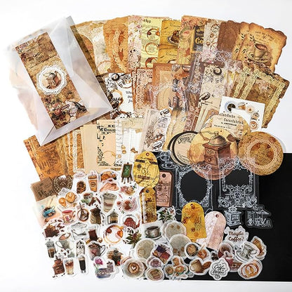 200PCS Vintage Scrapbooking Supplies Pack for Junk Journal Planners Decoupage Paper Scrapbook Stickers Aesthetic Cottagecore Collage Craft Album (Coffee)