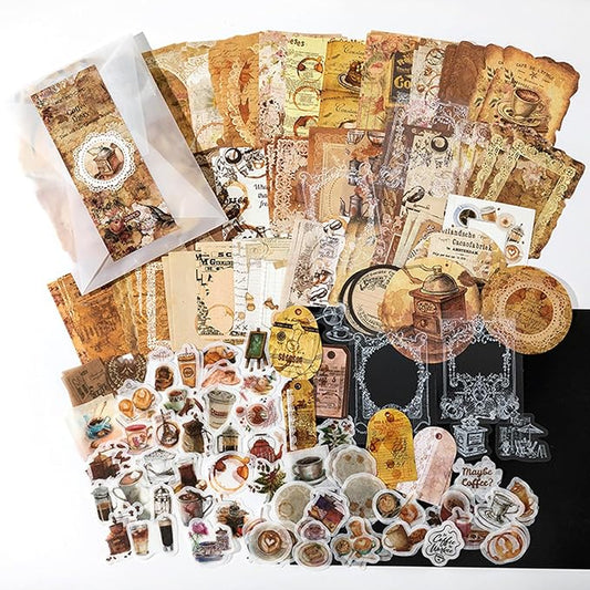 200PCS Vintage Scrapbooking Supplies Pack for Junk Journal Planners Decoupage Paper Scrapbook Stickers Aesthetic Cottagecore Collage Craft Album (Coffee)