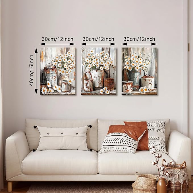WENGTIAO 3Pcs Rustic Daisy Canvas Wall Art Fall Flower Prints Posters Vintage Country Flora Paintings Pictures Nature Botanical Artwork for Bedroom Living Room Bathroom 12x16x3