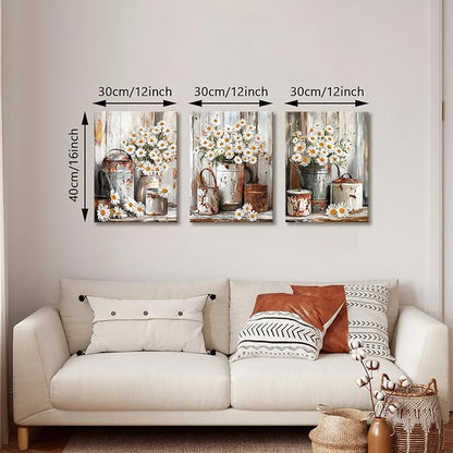 WENGTIAO 3Pcs Rustic Daisy Canvas Wall Art Fall Flower Prints Posters Vintage Country Flora Paintings Pictures Nature Botanical Artwork for Bedroom Living Room Bathroom 12x16x3