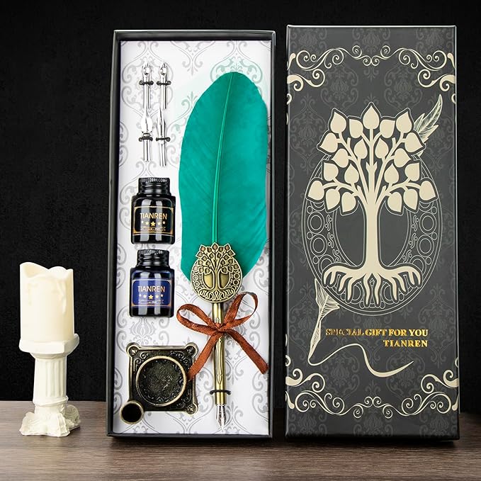 TIANREN Quill pen ink set,Feather Pen and Ink Set,Antique Calligraphy Pen with 4 Replaceable Nibs,2 Bottle of ink,Feather Dip Pen Holder Christmas Gift for Men&Women.(Green)