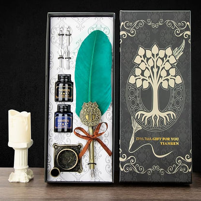 TIANREN Quill pen ink set,Feather Pen and Ink Set,Antique Calligraphy Pen with 4 Replaceable Nibs,2 Bottle of ink,Feather Dip Pen Holder Christmas Gift for Men&Women.(Green)