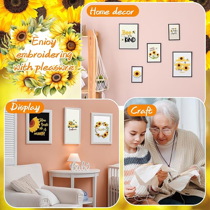 Riceshoot 8 Set Sunflower Embroidery Kit for Beginner Adults Cross Kit with Pattern Instruction, Embroidery Cloth and Hoops, Thread, Needle, Needle Threader, Thread Remover, Scissors