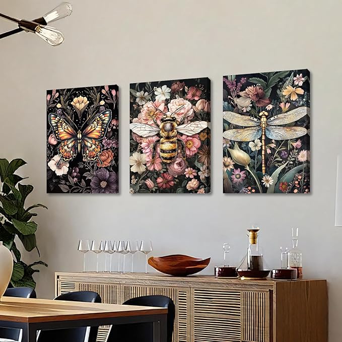 WENGTIAO 3Pcs Vintage Insect Canvas Wall Art Gothic Dark Flower Prints Bee Butterfly Dragonfly Pictures Nature Plant Paintings Artwork for Living Room Bathroom Bedroom 20x28x3