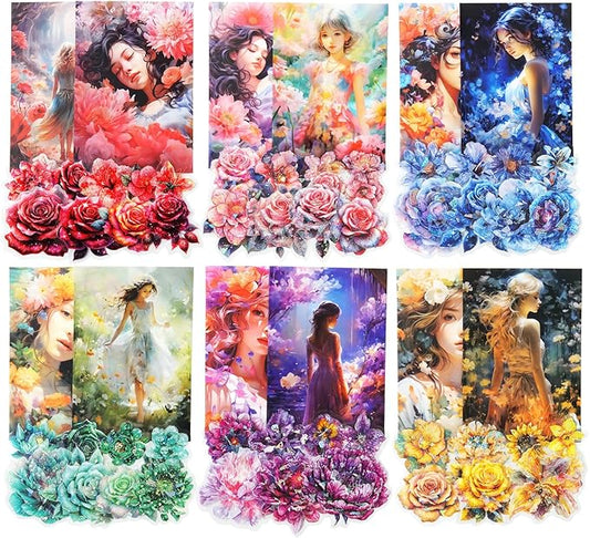 MiyouLuna 90Pcs Floral PET Stickers, Fantasy Holographic Stickers for Scrapbooking, DIY Crafts, Journaling Supplies & Junk Journal Ephemera