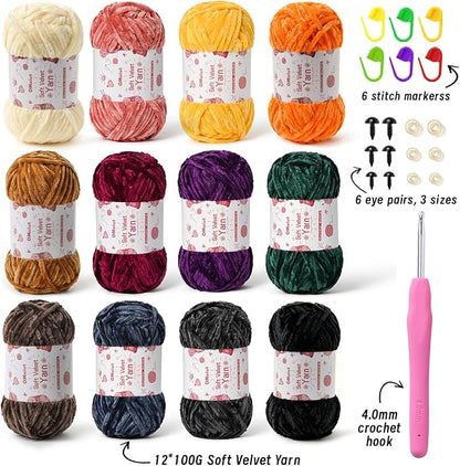 12 Pack Chenille Chunky Yarn - Baby Yarn for Crocheting Soft - Red Purple Green Pink Gray Blue Black White Velvet Yarns Crochet Blanket - Amigurumi Yarns Pack with Crochet Accessories F