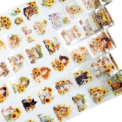 AuriicLeaf Blooming Sunflower PET Tape Set, 6 Rolls of Pre-Cut Floral Stickers for Journaling, Scrapbook Supplies, DIY Crafts, and Decorative Art