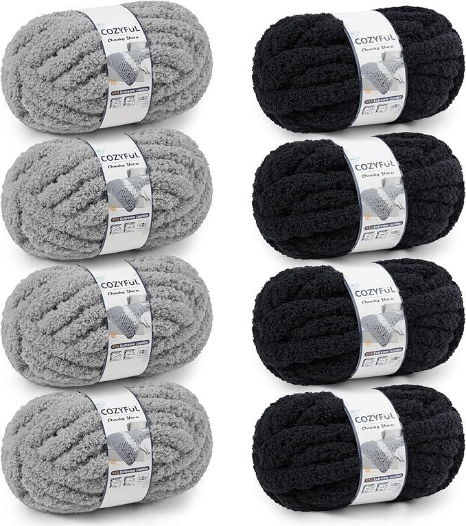 Chunky Yarn for Hand Knitting - #10 Chunky Chenille Yarn, Jumbo Big Thick Chunky Yarns for Crocheting, Super Bulky Chunky Knit Blanket Yarns, 8 Skein (25yd, 8oz/Skein), Black & Grey