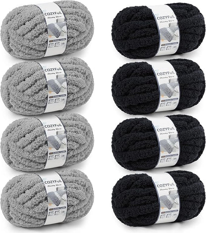 Chunky Yarn for Hand Knitting - #10 Chunky Chenille Yarn, Jumbo Big Thick Chunky Yarns for Crocheting, Super Bulky Chunky Knit Blanket Yarns, 8 Skein (25yd, 8oz/Skein), Black & Grey
