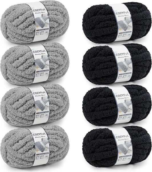 Chunky Yarn for Hand Knitting - #10 Chunky Chenille Yarn, Jumbo Big Thick Chunky Yarns for Crocheting, Super Bulky Chunky Knit Blanket Yarns, 8 Skein (25yd, 8oz/Skein), Black & Grey