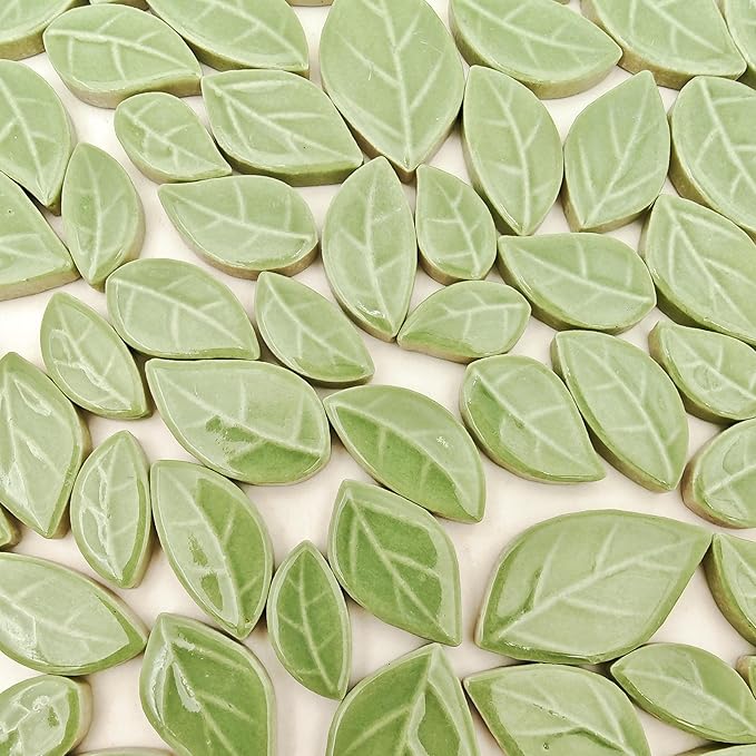 500g/1.1lb Leaf-Shaped Ceramic Mosaic Tiles,Ceramic Mosaic Pieces for Crafts,Mosaic Tiles for Home Decoration or DIY Crafts,Mosaic Making Supplies. (Light Green)
