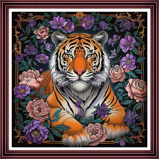 DMCCRAFT Stamped Cross Stitch Kits for Adults 11CT Printed Cross-Stitch Patterns Embroidery Kits Easy Cross Stitching Needlepoint Kits Crossstitch-Tiger Flowers 18x18 inch