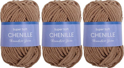 3 Pack ThreadArt Chenille Yarn for Crocheting, Knitting, Amigurumi, Super Soft Plush Velvet Yarn - 50 Gram 60 yds #5 Fluffy Yarn Skeins - Camel 12