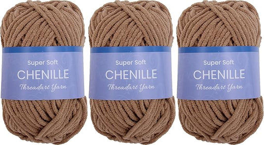 3 Pack ThreadArt Chenille Yarn for Crocheting, Knitting, Amigurumi, Super Soft Plush Velvet Yarn - 50 Gram 60 yds #5 Fluffy Yarn Skeins - Camel 12