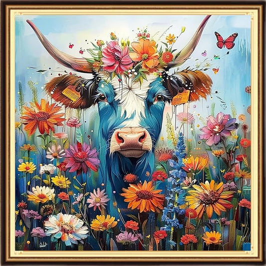 DMCVIVR Stamped Cross Stitch Kits for Adults Beginners Embroidery Kits 11CT Needlepoint Kits Cross Stitch Patterns Embroidery Patterns-Flower Cow 18x18 inch