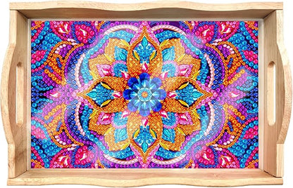 FGbaby DIY 5D Purple Mandala Diamond Painting Wood Serving Tray with Handles Diamond Art Decor Serving Trays Wooden Tray for Breakfast in Bed, Patio, BBQ, Coffee Table, Party –Great for Lap & Couch