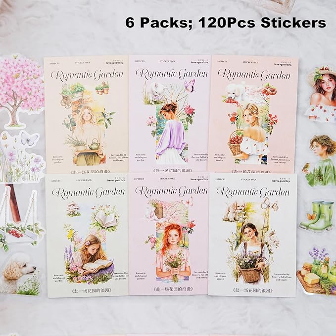 AuriicLeaf Garden Girl Sticker Set, 120PCS PET Vintage Nature Stickers for Journaling, Scrapbooking, Planner Supplies and DIY Crafts