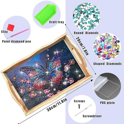 Generic DIY Diamond Art Wooden Tray Kit, Food Tray with Handle Diamond Painted Table Decoration Tray, for Breakfast, Bar Dinner Table Diamond Dots Gem Painting Art Set for Beginners-#24-Butterfly