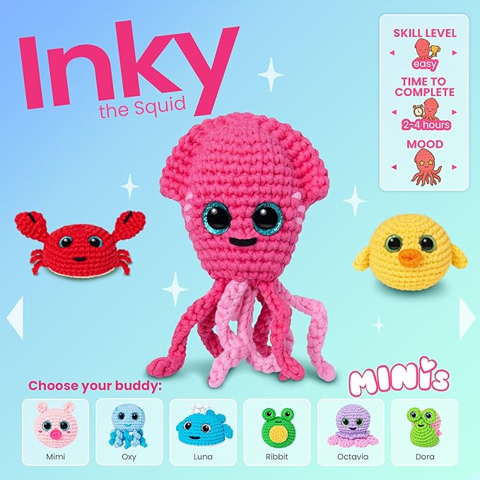 Cookie Box Crochet Kit for Beginners – Gift Set to Make Squid Inky Amigurumi Plushie – Easy DIY Crochet & Knitting Starter Kit with Printed Instructions & Step-by-Step Video Tutorial