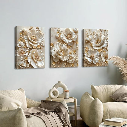 3 Pcs Modern Beige Gold Peony Floral Canvas Wall Art, Neutral Elegant 3d Beige Flowers Wall Painting White Blooming Floral Pictures Posters Art Print Home Decor for Bedroom Living Room Office 16x24x3