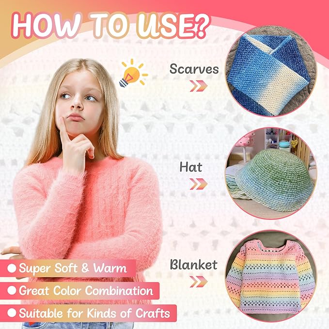 Aeelike Ombré Yarn for Crocheting, 3 Skeins Gradient Cake Yarn 100g (3.52 oz) 245m (267 Yards) # 3 Light Weight - Soft Yarns with Vibrant Colors for Making Blanket Scarves, Pink Yellow Gradient