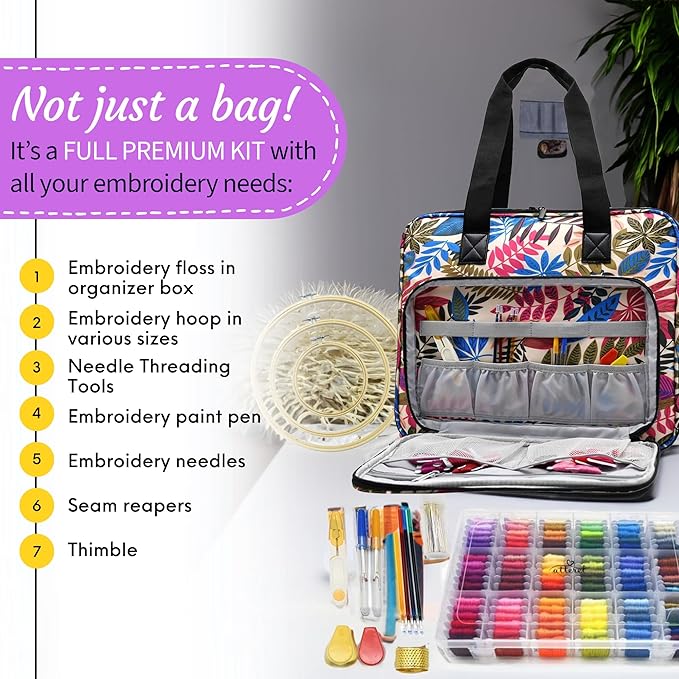 ATTERET Full Range Embroidery and Cross Stitch Starter Kit with Premium Storage Organizer Bag, Includes 99 DMC Coded Cotton Threads, 9 Metallic Floss, 3 Hoops, Needles, Scissors + More (Floral)
