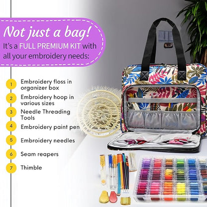 ATTERET Full Range Embroidery and Cross Stitch Starter Kit with Premium Storage Organizer Bag, Includes 99 DMC Coded Cotton Threads, 9 Metallic Floss, 3 Hoops, Needles, Scissors + More (Floral)