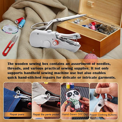 Handheld Sewing Machine with Exquisite Wooden Storage Box & 142-Piece Sewing Kit - Electric Switch, Dual Power Supply, Assorted Needles, Threads, Heavy Duty Scissors - Meets All Household Sewing Needs