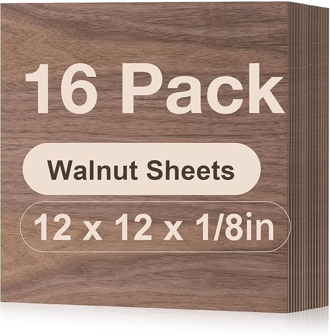ROBOTIME 16-Pack Walnut Plywood for Laser Cutting - 12 x 12 x 1/8 Inch Laser Engraving Blanks - 3mm Wood for Laser Cutting, Engraving & Wood Burning (Pyrography) - Unfinished Wood for Crafts