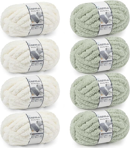 Chunky Yarn for Hand Knitting - #10 Chunky Chenille Yarn, Jumbo Big Thick Chunky Yarns for Crocheting, Super Bulky Chunky Knit Blanket Yarns, 8 Skein (25yd, 8oz/Skein), Cream & Sage
