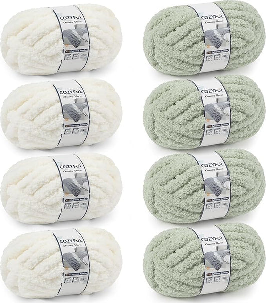 Chunky Yarn for Hand Knitting - #10 Chunky Chenille Yarn, Jumbo Big Thick Chunky Yarns for Crocheting, Super Bulky Chunky Knit Blanket Yarns, 8 Skein (25yd, 8oz/Skein), Cream & Sage