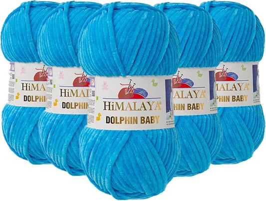 5 Skein/Pack Himalaya Dolphin Baby Chenille Yarn, Each Ball 100 gr (3.5 oz), 120 m (132 Yards), 100% Polyester, Super Bulky Baby Blanket Velvet Amigurumi Yarn, 80326 - Baby Blue