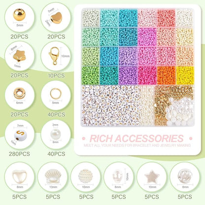 3mm Glass Seed Beads for Bracelet Jewelry Making 24 Colors Bracelet Making Kit for Girls Adults DIY Friendship Bracelets Kits with Letter Beads