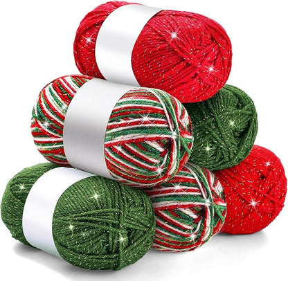 Timgle 6 Pcs Skeins Christmas Yarn for Crocheting 186 Yard Christmas Glitter Yarn Soft Each 100g/ 3.53 oz Knitting Crocheting Gift Craft Project Assorted Starter (Mixcolor Red Green)