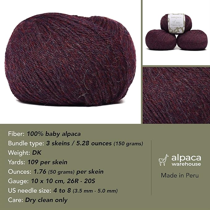 100% Baby Alpaca Yarn Wool Set of 3 Skeins (150 Grams) DK Weight - Made in Peru - Heavenly Soft and Perfect for Knitting and Crocheting (Plum, DK)