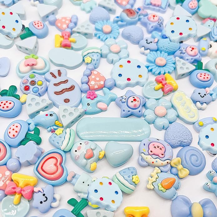 100Pcs Flatback Resin Slime Charms, Kawaii Assorted Cute Charms for DIY Crafts, Scrapbooking, Phone Case Decor, Bulk Assorted Ornaments (blue)