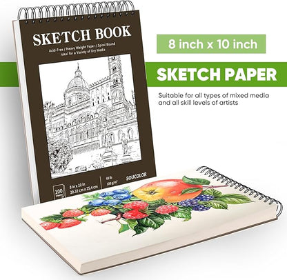 Soucolor 8" x 10" Sketch Book, 100 Sheets 8 x 10 Sketchbook, 68 lb/100gsm 8" x 10" Drawing Paper, Spiral Bound Sketch Pad, Art Paper for Drawing Painting, Art Supplies Gifts