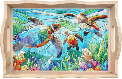DIY Diamond Art Wooden Tray Kit, Food Tray with Handle Diamond Painted Table Decoration Tray, for Breakfast, Bar Dinner Table Diamond Dots Gem Painting Art Set for Beginners-#28-Sea Turtles