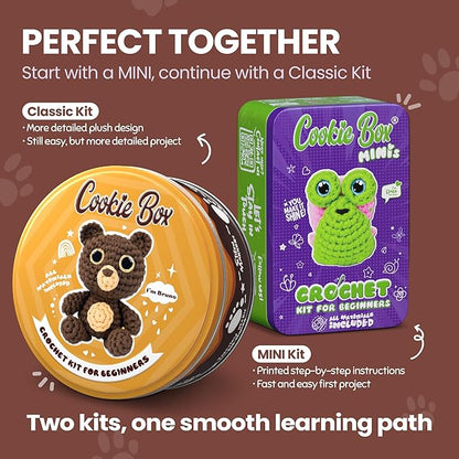 Cookie Box Crochet Kit for Beginners – Gift Set to Make Bear Bruno Amigurumi Plushie – Easy DIY Crochet & Knitting Starter Kit with Video and PDF Tutorials