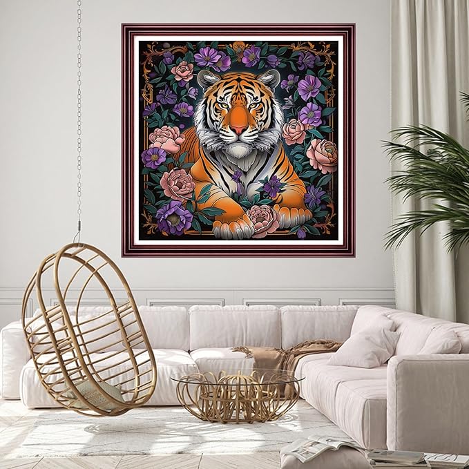 DMCCRAFT Stamped Cross Stitch Kits for Adults 11CT Printed Cross-Stitch Patterns Embroidery Kits Easy Cross Stitching Needlepoint Kits Crossstitch-Tiger Flowers 18x18 inch