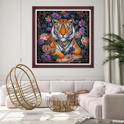 DMCCRAFT Stamped Cross Stitch Kits for Adults 11CT Printed Cross-Stitch Patterns Embroidery Kits Easy Cross Stitching Needlepoint Kits Crossstitch-Tiger Flowers 18x18 inch