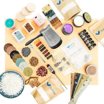 SoftOwl Premium Soy Candle Making Kit with Electric Melter - Soy Wax, Big 7oz Jars & Tins, 7 Pleasant Scents, Color Dyes & More - Perfect as Home Decorations - DIY Starter Scented Candles Making Kit